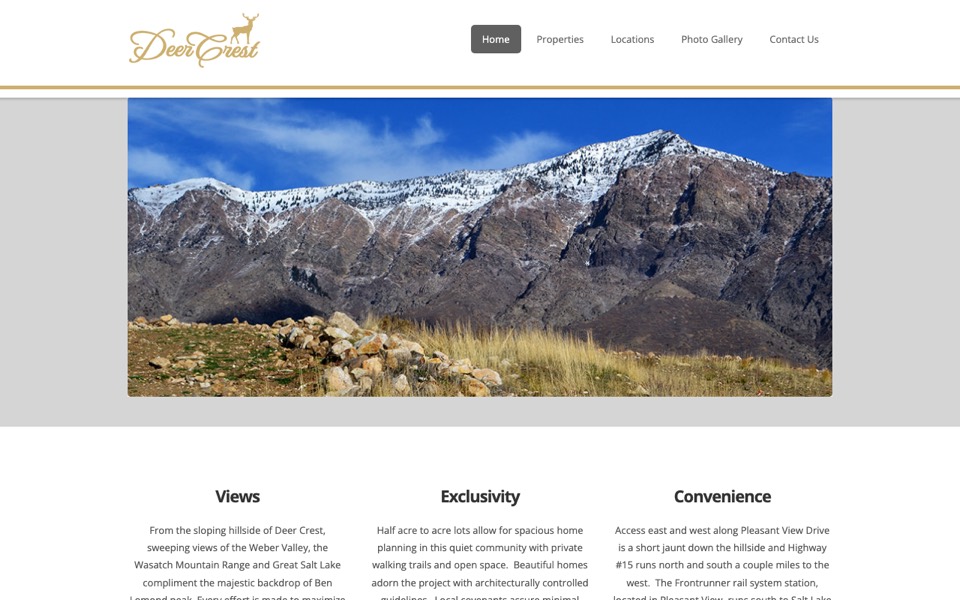Deer Crest website homepage showing a mountain view photo and sections on views, exclusivity, and convenience